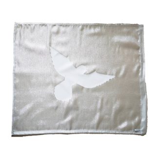 A flag with a silver background a white dove on it