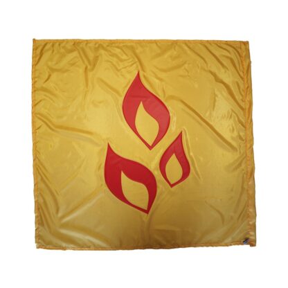 a gold flag with three red flames cross on it