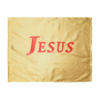 A flag with a gold background a Jesus on it in red