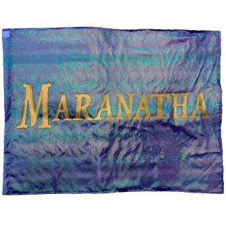 A blue flag with the word 'Maranatha' in gold on it